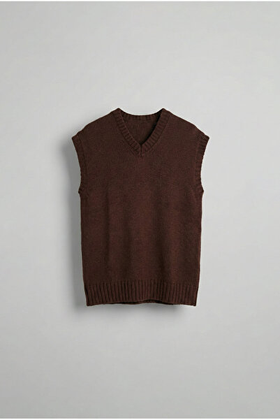 ablukaonline Men's Oversize V-Neck Knitwear Sweater Brown