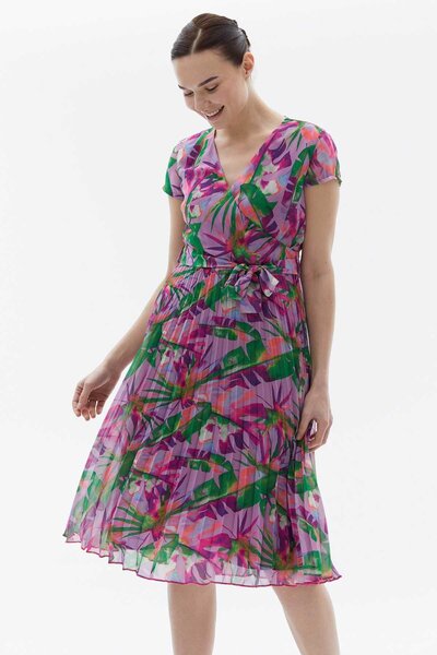 Genel Markalar Eteği Pliseli Palmiye Desen Elbise / FUŞYA