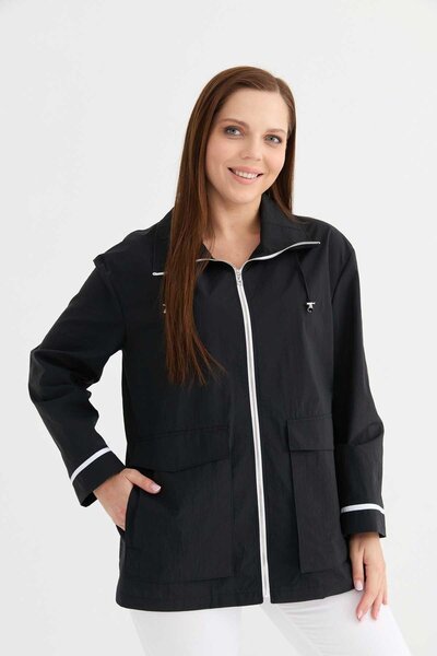 Selen Giyim Büyük Beden Dıştan Cep Biyeli Trençkot / SİYAH