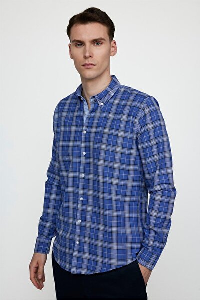 Tudors Спортна мъжка синя памучна карирана риза с дълъг ръкав и яка с копчета