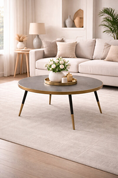 TrentonGCC طاولة قهوة دائرية عصرية من خشب الجوز، 81×81×45 سم، بأرجل معدنية مط...