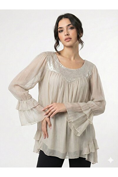 della moor Bluză bej din amestec de mătase cu paiete din guler italian