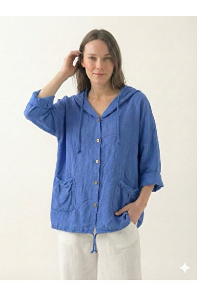 della moor Bluză albastră italiană din in, cu glugă și nasturi