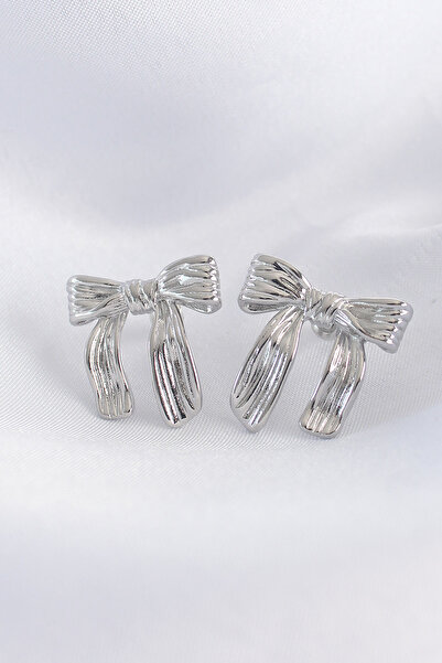 Skygo Brass Silver Color Line Detail Bow Earrings - Tj-Bkp8935