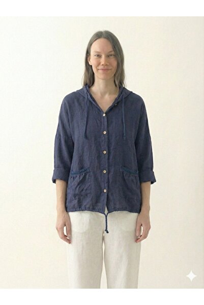 della moor Bluză italiană din in, albastru marin, cu glugă și nasturi