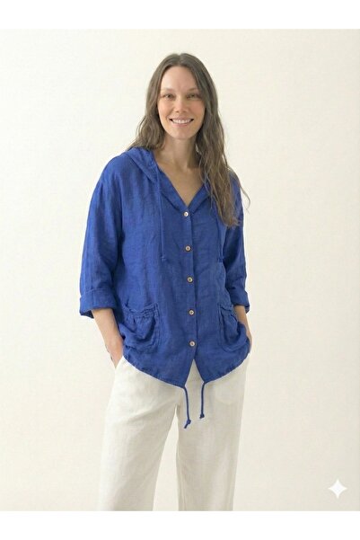 della moor Saks Μπλε Ιταλική Λινή Μπλούζα με Κουκούλα και Κουμπιά