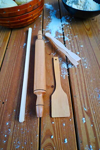 Mrsstore Oklava Merdane Seti Doğal Ahşap 4lü Set 50 Cm Oklava Sabit Merdane S...