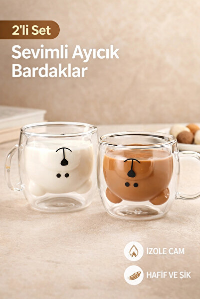 Berdina Home 2li Çift Cidarlı Süt Çay Kahve Su Bardağı Sevimli Ayıcık Figürlü...