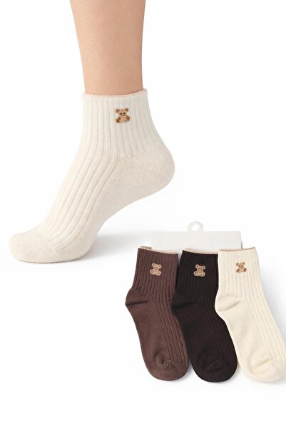 Rays 1300 3-Piece Teddy Bear Pattern Derby Half Socks Black-Ecru-Angry Brown