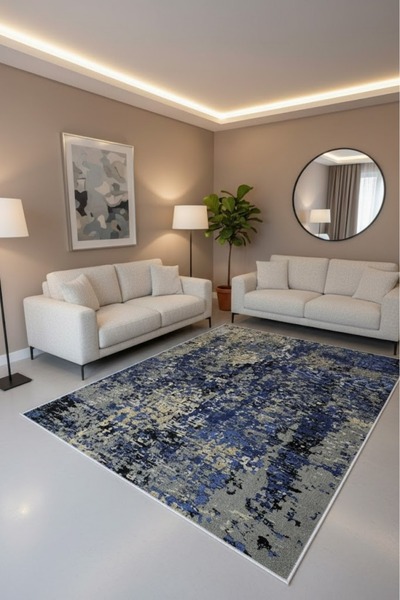 VOPTEKS Lacivert Halı Salon Halısı Makinede Yıkanabilir Halı Kaymaz Taban Halı