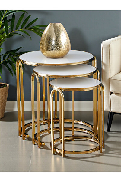 SEDAŞ LIVING UNITS Lenka Zigon Sehpa Takımı Yuvarlak 3'lü Gold Metal - Beyaz ...