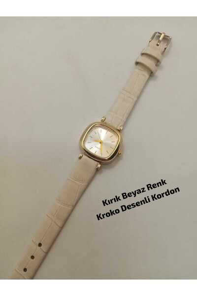 QUARTZ ساعة يد نسائية ماركة موديل (أوف وايت) ذات حزام بنمط جلد التمساح وعلبة ...