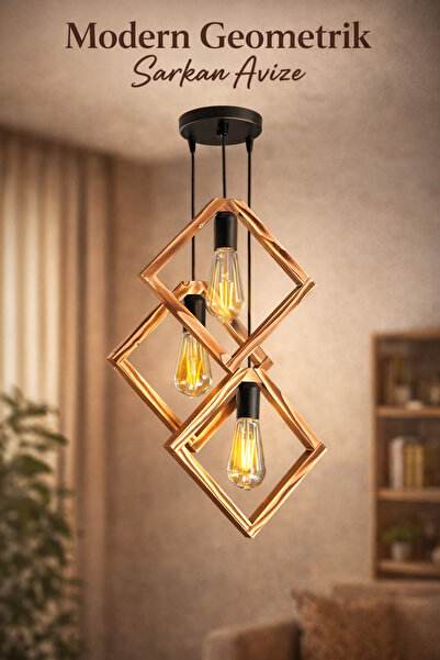 ONUR AVİZE Dekoratif Doğal Ahşap El Yapımı Rustik Modern Tarz Siyah Sarkıt 3'...