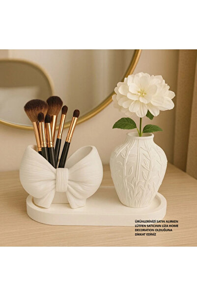 LİZA HOME DECORATION Kabartmalı Vazo, Fiyonk & Tepsili 3’lü Dekoratif Set