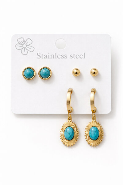 Leo'Stone مجموعة من 6 أقراط من الفولاذ بتصميم حجر الفيروز لا تفقد اللون ولا ت...