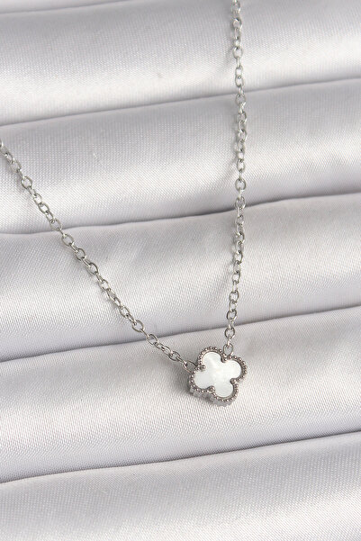 Skygo 316L Çelik Gümüş Renk Beyaz Yonca Model Kadın Kolye - TJ-BKO10020