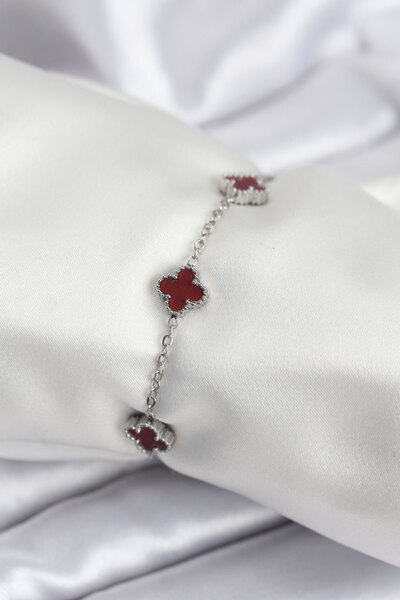 Skygo 316L Steel Silver Color Burgundy Baby Boy Clover Women's Bracelet - Tj-...