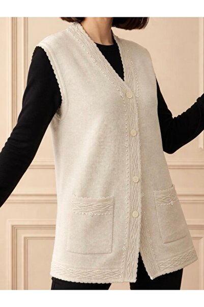 TEK Stylish Patterned and Beaded Mother's Vest - Pearl Detailed, Cream