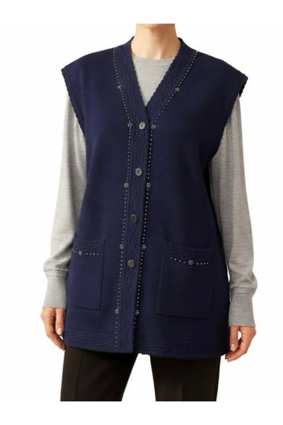 TEK Boncuklu Şık Desenli Anne Yeleği Inci Detaylı / Lacivert