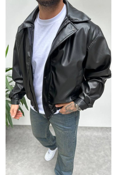 Rowsmen Men's Oversize Relaxed Fit Leather Jacket with Sleeve Details and Ela...