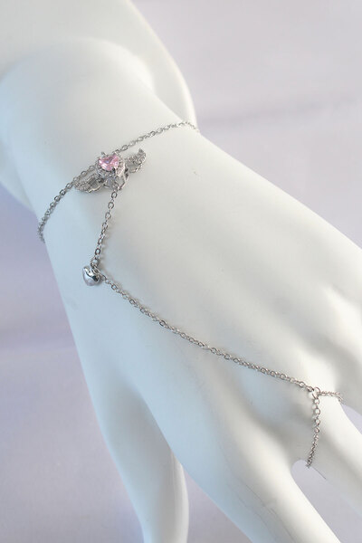 Skygo 316L Steel Silver Color Pink Zircon Stone Winged Heart Model Şahmeran -...