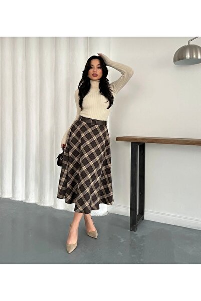 Tarzımızbir Kadın kemerli uzun Ekose Etek