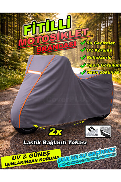 CoverPlus TURUNCU FİTİLLİ GRİ Tüm Modellere Uyumlu Motosiklet Brandası Motor ...