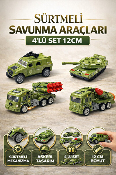 YILDIRIM OYUNCAK 4 Adet Askeri Araç Kaliteli Plastik Sürtmeli 4 Asorti Savunm...