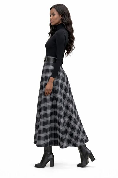 RAZENCİ Women's Plaid High Waist A-Line Midi Mevlana Skirt