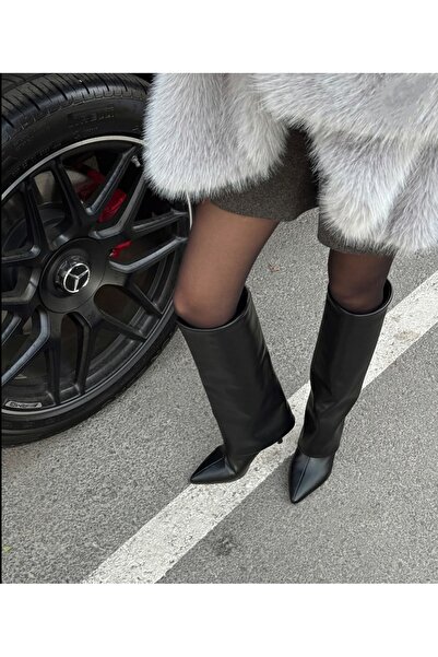 FUNDA AKIN Mi Luz Tozluk Detaylı Sivri Burun Siyah Çizme