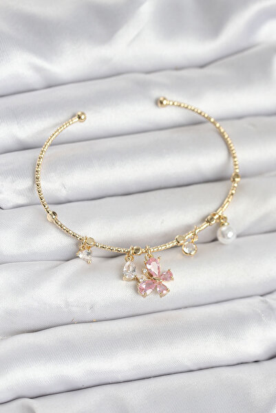 Skygo Gold Color Women's Bracelet with Pink Butterfly Charm - Tj-Bb8031