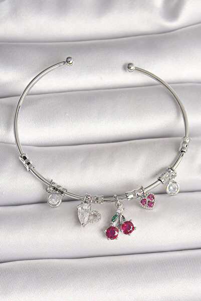 Skygo Brass Silver Color Dangle Cherry Figure Heart Detail Charm Women's Brac...