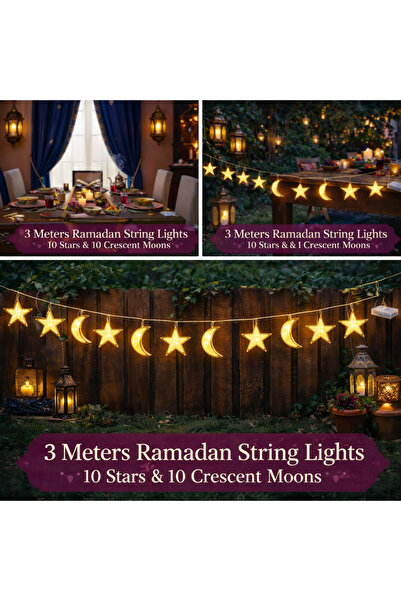 Generic 3-meter Ramadan LED string lights - 20 crescent and golden star-shape...