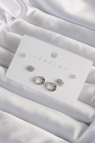 Skygo مجموعة أقراط نحاسية فضية اللون مرصعة بحجر الزركون على شكل ورقة شجر - TJ...