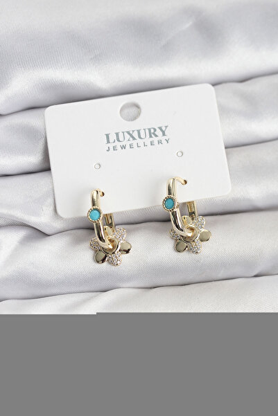 Skygo Mavi Taş Detaylı Pirinç Gold Renk Kadın Göçmen Küpesi - TJ-BKP11598