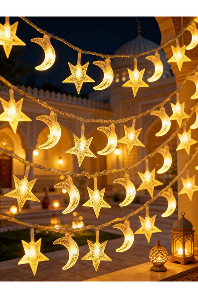 Yoawllty Ramadan Decor, Star Moon Mesh LED String, 3M 20 Beads Battery-Powere...