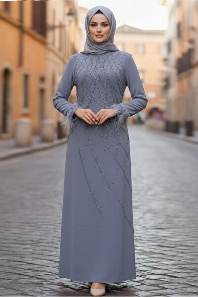 TRENDTESETTÜR KADIN GRİ BONCUK İŞLEMELİ ABİYE ELBİSE T 8953