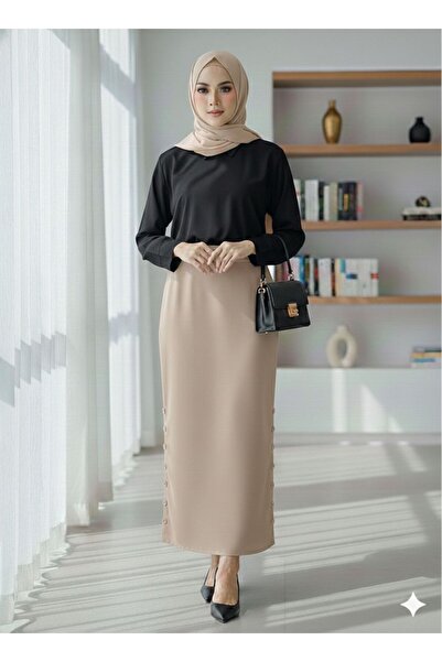 Marina Trend Beige Hijab Pencil Skirt with Side Button Detail - High Waist St...