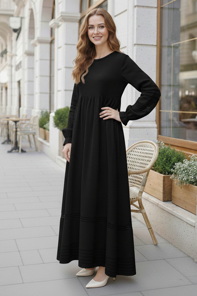 benguen Rib Detailed Hijab Dress Black 2207