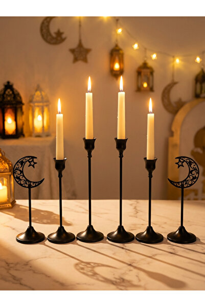 MODY 6pcs Ramadan Black Candle Holder,Elegant Metal Candlesticks