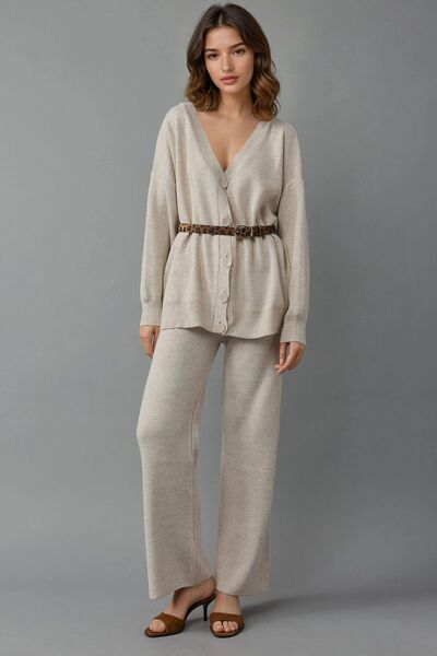 Hiccup My Fashion V-Neck Cardigan and Wide-Leg Pants Knitwear Set