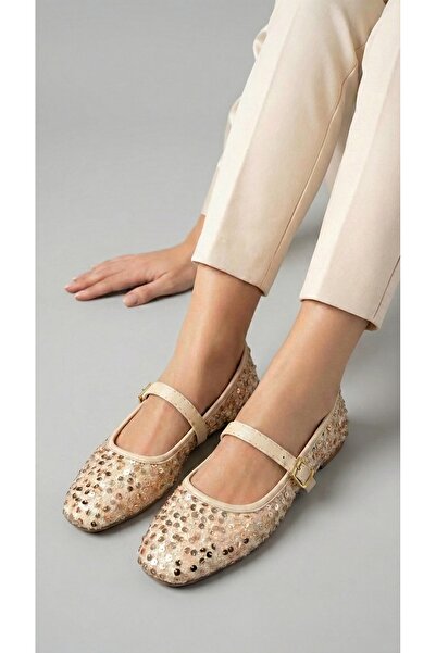 Beyond Women's Beige Buckle Sequined Ballerinas 1cm Byndpul01