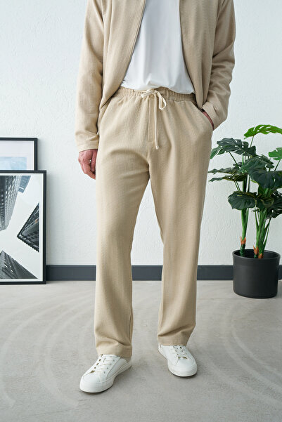 İLKCET MODA Λεπτομέρεια με κορδόνια Μπεζ Oversize Ανδρικό Παντελόνι Bohemian