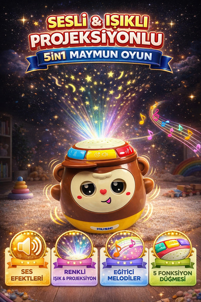 YILDIRIM OYUNCAK Pilli Sesli Işıklı Projeksiyonlu 5in1 Maymun Oyuncak 13 cm