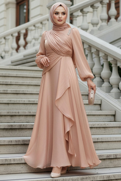 N.S NEVA STYLE Rochie de seară Hijab Biscuit cu detaliu draperie 51641BS