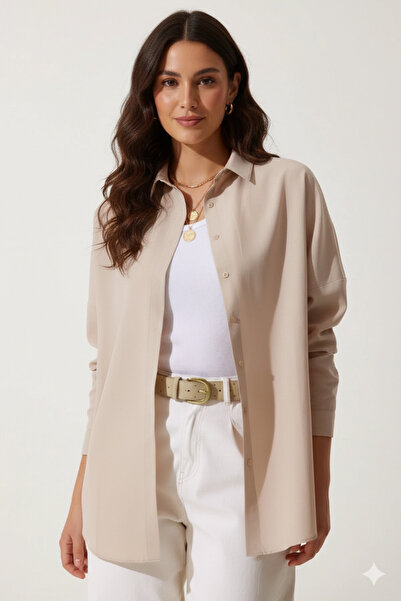 hazelin Cămașă de bază lungă oversize bej pentru femei HZL22W-BD139001