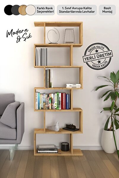 Mirobi Oregon 6 Raflı Zikzak Kitaplık, Dekoratif Raf 6 Raflı Kitaplık, Labire...