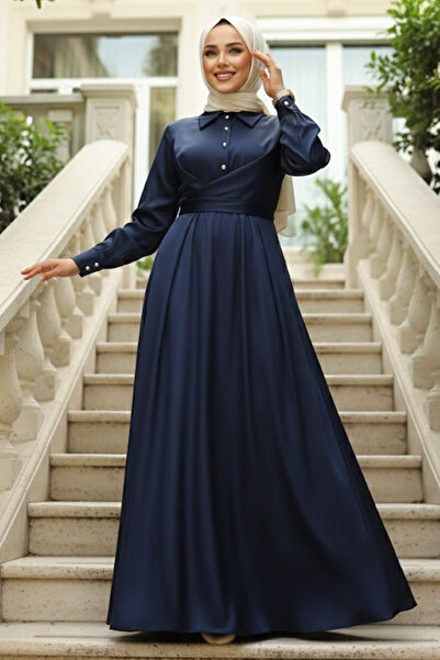 Neva Style Rochie Hijab din Satin Bleumarin - Detaliu Nasturi, Model 45661L