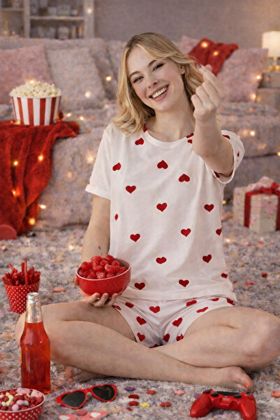 Lavint Homewear Kadın Kalp Desenli Pamuklu Likralı Kısakol Şort Takım
