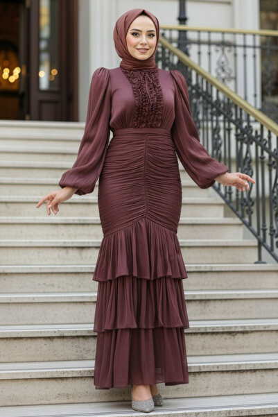 N.S NEVA STYLE فستان سهرة حجاب بني بتفاصيل كشكش 50271KH